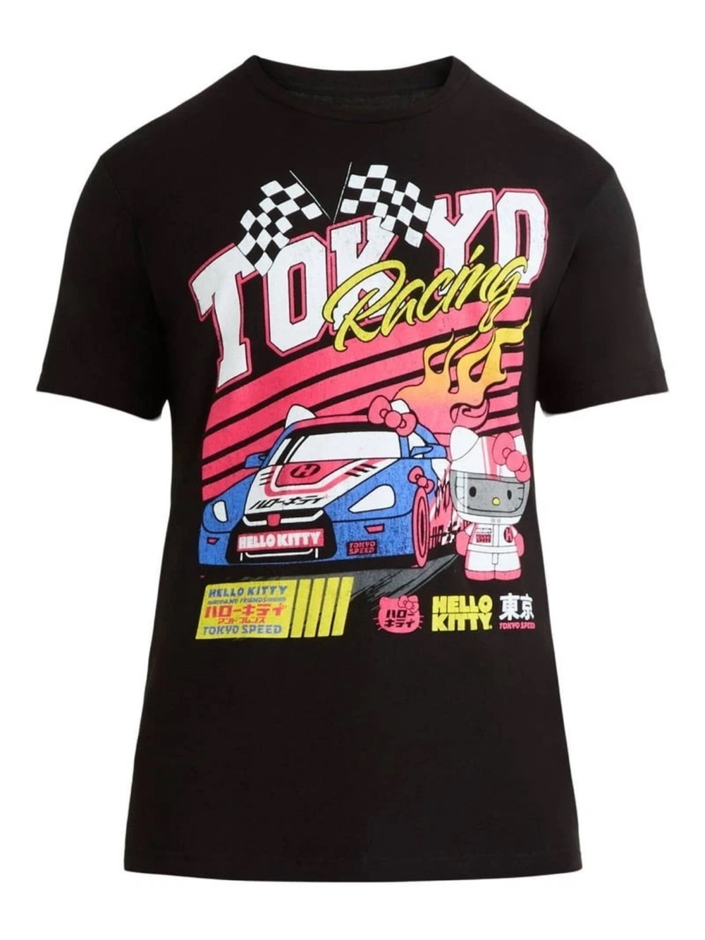 Hello Kitty Black Tokyo Racing Graphic Tee with Pink & Blue Accents